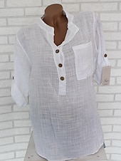 cheap Shirts-Women&#039;s Shirt Cotton Linen Shirts Button Up Blouse Plain Fashion V Neck Street Daily Buttons Pocket White Red Blue Beige Summer