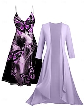 abordables Conjuntos de vestir-Mujer Conjunto de vestido Vestido informal Vestido Estampado Moda Casual Floral Estampado Vestido Midi Manga 3/4 Escote en Pico Exterior Vacaciones Negro Blanco Morado Verano Primavera Holgado
