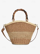 economico Borsette e borse tote-Per donna Borsetta Borsa di paglia Borsa a cupola Paglia Per eventi Spiaggia Viaggi Cerniera Manico in bambù Massima capacità Trasporto multiplo Tinta unica Color Block Marrone chiaro Beige