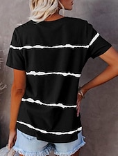 abordables T-shirt rayé et géométrique-t-shirt femme décontracté imprimé manches courtes hauts réguliers col en V quotidien noir rose bleu été
