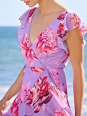 economico abito casual stampato-Per donna Vestito Estivo Abito Floreale Abito Estivo Abito al ginocchio Viola Senza Maniche Motivo Floreale Moda Fiori Volant Stile Floreale Stampa Primavera &amp; Estate Scollo incrociato Con balze