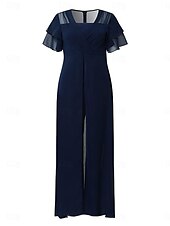 billige Jumpsuits-Dame Normal Kjeledresser Elegant Helfarge Kortermet V-hals Høy Midje Med tog Kontor Arbeid Normal Navyblå Sommer