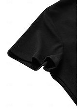 abordables T-shirt uni-T-shirt à encolure festonnée pour femme, manches courtes, couleur unie, coupe slim, extensible, décontracté, mode, noir