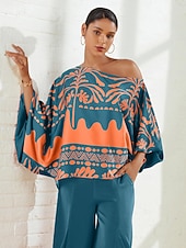  女性用 植物 幾何学的な バケーション デート カジュアル／普段着 パフスリーブ ローズレッド 花のスタイル 長袖 ワンショルダー 春 & 秋