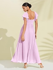abordables Robes décontractées-Robe longue d&#039;invité de mariage en mousseline de soie pour femmes, élégante, bleue, plissée, col en v, manches courtes, ligne a, robe de soirée formelle