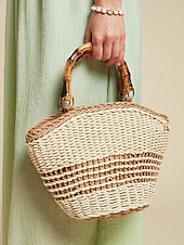 economico Borsette e borse tote-Per donna Borsetta Borsa di paglia Borsa a cupola Paglia Per eventi Spiaggia Viaggi Cerniera Manico in bambù Massima capacità Trasporto multiplo Tinta unica Color Block Marrone chiaro Beige