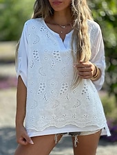 cheap Lace Tops-Women&#039;s Shirt Blouse Dressy Tops Solid Color Plain Stylish Basic Long Sleeve Notched Neck Regular Tops Daily Embroidered Eyelet Black White Orange Summer Spring Fall