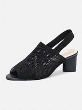 billige Uformelle sandaler-kvinners beige peep toe slingback hæler - stilige strikkede blokkhælsandaler