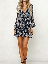 preiswerte Elegante Blumenkleider-Damen Freizeitkleid Blumendruck V-Ausschnitt Minikleid Stilvoll Casual Täglich Date Langarm Herbst