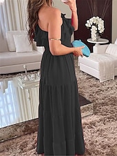 tanie maxi czarna sukienka-Damskie Czarna sukienka Sukienka maxi Falbana Ślub Impreza Elegancja Formalny Na jedno ramię Bez rękawów Czarny Czerwony Kolor