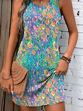 billiga Konst &amp; Design Klänningar-Kvinnors Miniklänning Petite Klänning Sundress Tankklänning Sommarklänning Avslappnad Semester Daglig Helg Regelbunden Passform Blommig Ärmlös Crew Neck Blå Sommar