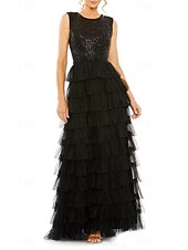 abordables Robes pour invitées de mariage-Robe Invitée de Mariage A-Ligne Élégante Robe Formelle Soirée Fête Longueur Maxi Sans Manches Col Bijou Automne Invitée de Mariage Tulle avec Frange 2025