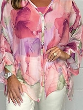 cheap Women&#039;s Graphic Tops-Women&#039;s Blouse Elegant Ombre Buttons Flutter Sleeve Long Sleeve Regular Tops V Neck Daily Pink Blue Orange Green Summer Fall