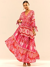 cheap Vacation Dresses-Women&#039;s Graphic Tiered Bow V Neck Puff Sleeve Maxi Dress Elegant Stylish Vacation 3/4 Length Sleeve Summer