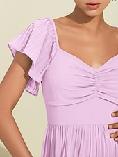 abordables Robes décontractées-Robe longue d&#039;invité de mariage en mousseline de soie pour femmes, élégante, bleue, plissée, col en v, manches courtes, ligne a, robe de soirée formelle