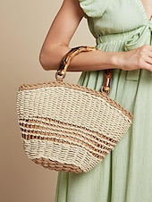 economico Borsette e borse tote-Per donna Borsetta Borsa di paglia Borsa a cupola Paglia Per eventi Spiaggia Viaggi Cerniera Manico in bambù Massima capacità Trasporto multiplo Tinta unica Color Block Marrone chiaro Beige