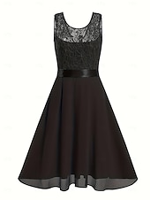 cheap Cocktail Dress-Women&#039;s Lace Dress Midi Dress Lace Wedding Party Elegant Formal Crew Neck Black White Dark Red Color