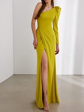 abordables Robes pour invitées de mariage-Robes d&#039;invitée de mariage Sheath Robe Élégante Robe de Noël Cravate noire Longueur de sol Manches longues Une épaule Chiffon extensible avec Drapé 2025