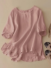 preiswerte Hemden-Damen Leinen-inspirierte Hemden Bluse Einfarbig Täglich T-Shirt Ärmel Rundhals Täglich Sexy Rosa Frühling, Herbst, Winter, Sommer