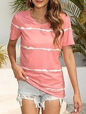 abordables T-shirt rayé et géométrique-t-shirt femme décontracté imprimé manches courtes hauts réguliers col en V quotidien noir rose bleu été