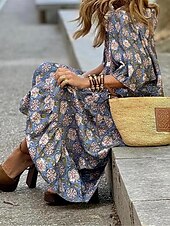levne Boho šaty-Dámské Dlouhé šaty Maxi šaty Boho šaty Cikánský Dovolená Rande Běžný Květinový Poloviční rukáv Do V Vodní modrá Léto