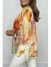 cheap Women&#039;s Graphic Tops-Women&#039;s Blouse Elegant Ombre Buttons Flutter Sleeve Long Sleeve Regular Tops V Neck Daily Pink Blue Orange Green Summer Fall