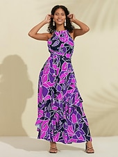 economico Abiti floreali-Per donna Vestito in Chiffon Abito maxi Blu Viola Senza Maniche Floreale Volant Stampa Primavera &amp; Estate Il giro Abito a Fantasia XS S M