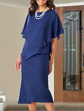 economico Lunghezza del tè-Abito A-Line per la madre della sposa Ospite di nozze Elegante Taglie forti Collo a gioiello Lunghezza tè Chiffon Maniche corte con rouches 2025 taglia personalizzata gratuita