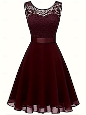 cheap Cocktail Dress-Women&#039;s Lace Dress Midi Dress Lace Wedding Party Elegant Formal Crew Neck Black White Dark Red Color