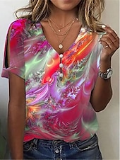 economico Maglietta Arte &amp; Design-Per donna maglietta Colorato a macchie Di tendenza Moderno Manica corta A V Top regolari Giornaliero Bottoni Stampa Rosso Blu Viola Verde Estate