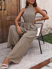 olcso nyaralás jumpsuit-Női Szabályos Jumpsuitek Utcai sikk Mértani Ujjatlan Állógallér Zseb Nyomtatott Utca Napi Normál Sárgabarack Nyár