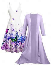 abordables Conjuntos de vestir-Mujer Conjunto de vestido Vestido informal Vestido Estampado Moda Casual Floral Estampado Vestido Midi Manga 3/4 Escote en Pico Exterior Vacaciones Negro Blanco Morado Verano Primavera Holgado