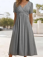 economico vestito nero midi-vestito casual da donna vestito midi tasca vacanza streetwear basic scollo a v manica corta nero grigio colore