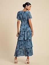 ieftine rochie casual cu imprimeu-rochie de nunta dama rochie florala rochie de vara rochie lunga rochie maxi albastru maneca scurta flori flori/plante decolteu in v talie elastica imprimare primavara &amp;amp; vara decolteu in v-fata