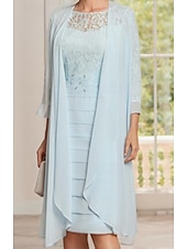 economico Con giacca-Abito da sposa a due pezzi in spiaggia abito madre della sposa elegante scollo a gioiello lunghezza al ginocchio chiffon con pizzo maniche a tre quarti abiti giacca con lace arricciato taglia