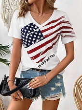  Unabhängigkeitstag Patriotisches Damen T-Shirt Lässig Flagge Rot Weiß Blau Kurzarm Reguläre Oberteile V-Ausschnitt Täglich Weiß Sommer