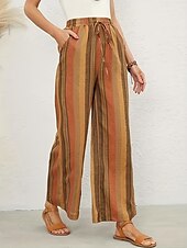 cheap Wide Leg &amp; High Waisted-Women&#039;s Wide Leg Pants Trousers Casual Daily Long Striped Drawstring Side Pockets Print Breathability Comfortable Micro-elastic Weekend Orange Spring &amp; Summer Loose Fit