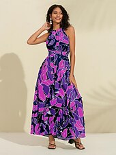 economico Abiti floreali-Per donna Vestito in Chiffon Abito maxi Blu Viola Senza Maniche Floreale Volant Stampa Primavera &amp; Estate Il giro Abito a Fantasia XS S M
