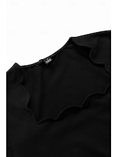 abordables T-shirt uni-T-shirt à encolure festonnée pour femme, manches courtes, couleur unie, coupe slim, extensible, décontracté, mode, noir