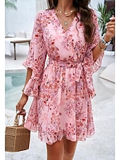 billiga Casual blommiga klänningar-kvinnors omlottklänning blommig volang bälte v-ringad fladderärm miniklänning elegant daglig 3/4 lång ärm sommar