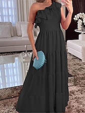 tanie maxi czarna sukienka-Damskie Czarna sukienka Sukienka maxi Falbana Ślub Impreza Elegancja Formalny Na jedno ramię Bez rękawów Czarny Czerwony Kolor