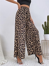 billiga breda ben och hög midja-Dam Brett skaft Byxor Streetwear Ledigt Lång Hög midja Blommig Leopard Ficka Tryck Elastisk dragsko-design Mateial som andas Mjuk Microelastisk Semester Gata Dagliga kläder Leopard Blå Sommar Vår