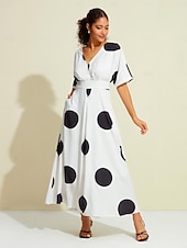abordables Robes décontractées-Femmes Ourlet Maxi Maxi en Satin Robe maxi Blanche Demi Manches À pois Dos attaché Poche cachée à la taille Été Printemps &amp; Automne Col en V Décontracté Quotidien S M L