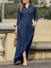 tanie Sukienki dżinsowe-Damskie Dżinsowe sukienki Sukienka koszulowa Sukienka maxi Biuro Jeans Podstawowy Formalny Kołnierzyk koszuli Guzik Kieszeń Długi rękaw Lato Wiosna Regularny Równina