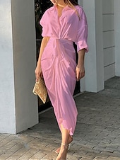 billiga Vita fritidsklänningar-kvinnors vit klänning skjorta klänning ledig klänning maxi lång klänning date semester grundläggande modern skjorta krage ruched 3/4 lång ärm sommar vår lös passform vanlig