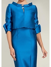 abordables Ensembles de robes pour maman-Ensemble deux pièces Robe Sirène Mère de la Mariée Robe de cérémonie d&#039;invité de mariage Élégante Encolure ornée Mi-longue Satin Manche mi-longue avec Boutons Robe Derby Robe de jour de course 2025
