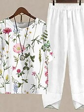 voordelige Basisshirts voor dames-Overhemd Set Dames Wit Blozend Roze blauw Flora 2-stuks Afdrukken Straat Dagelijks Modieus Ronde hals Normale pasvorm S