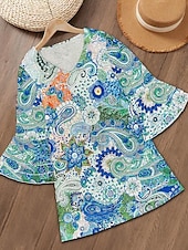 preiswerte Boho Kleider-Damen Minikleid Halbformelles Kleid Minikleid Sommerkleid A Linie Kleid Stilvoll Rüschenärmel Ausgestellter Ärmel Urlaub Normale Passform Paisley-Muster Dreiviertelarm V Ausschnitt Magenta Hellgrün