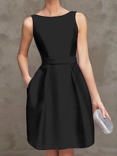 preiswerte Cocktailkleider-A-Linie Cocktailkleider Partykleid Hochzeitsgast Abschluss Kurz  Mini Ärmellos Boot-Ausschnitt Pink Kleid Satin V-Rücken mit Falten Kleidern