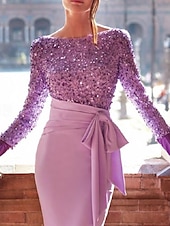 economico Abiti da Sera Sirena-Abito da sera sirena in paillettes abito elegante cerimonia di nozze ricevimento formale lunghezza a terra maniche lunghe collo gioiello con fiocco(i) perle abito da mascherata